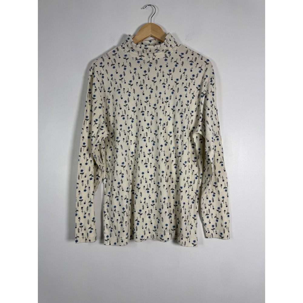 Grandmacore Bobbie Brooks Womens XL Ribbed Mock Neck Top Cream Blue Floral Print